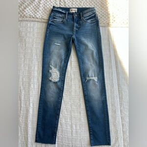 DRIFTWOOD Jackie Distressed Crocheted Patches Straight Jeans. Woman’s Size 24